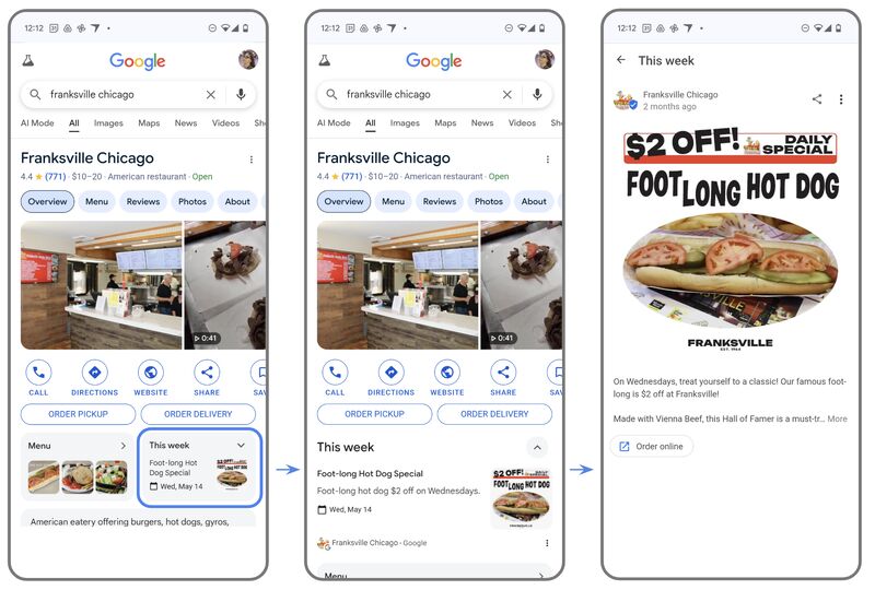 A number of screenshots of Google Business Profiles on mobile devices. They show new events features in profiles.