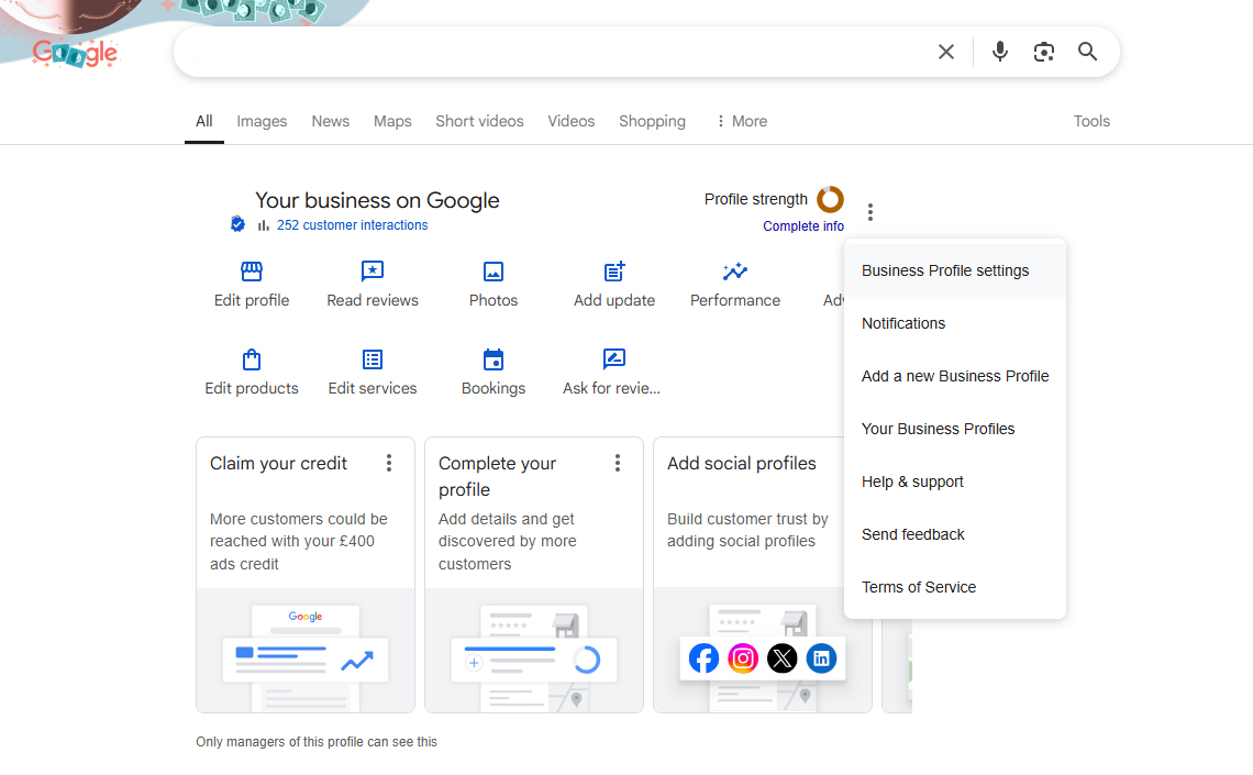 A screenshot of the Google page that shows the dashboard for a Google Business Profile. It shows that you can can access settings through the three dots in the top right hand corner.