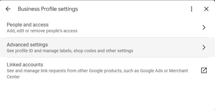 A screenshot of the Google Business Profile settings menu that shows where you can find advanced settings.