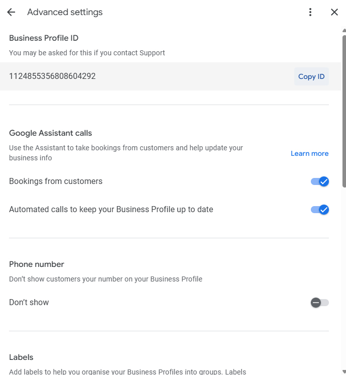 A screenshot of the advanced Google Business Profile settings which shows you can find the ID at the top.