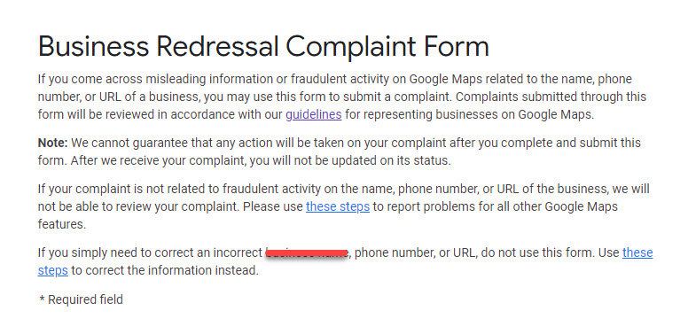 What is the Google My Business Redressal Complaint Form?