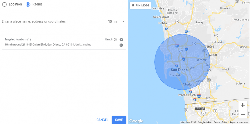 Configuring radius when setting up hyperlocal google ads