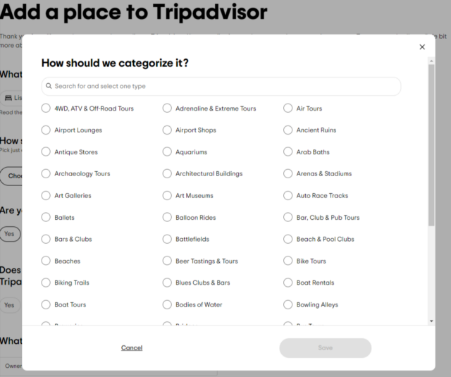 Tripadvisor categories