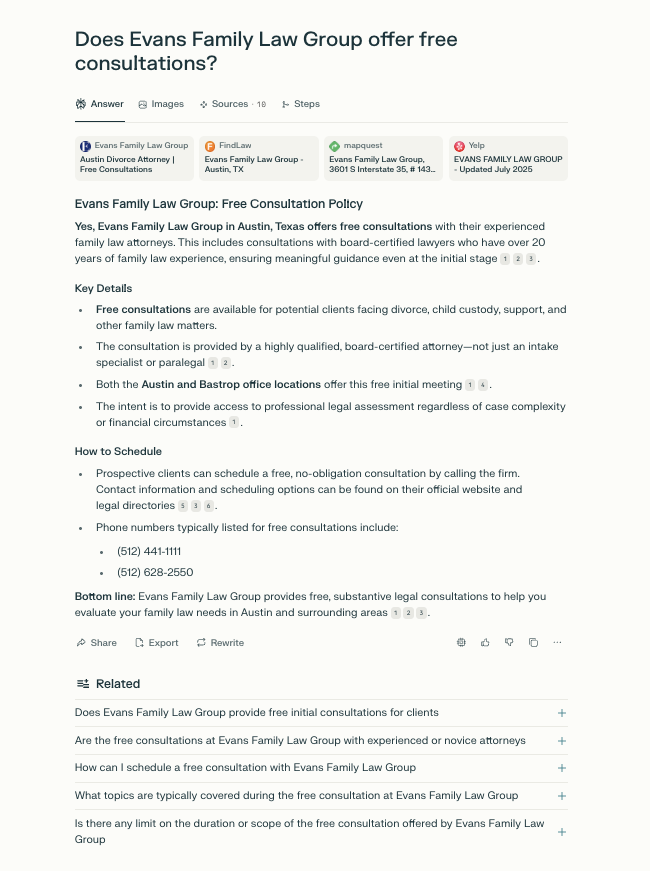 Perplexity interface search results for Free Consultations 
