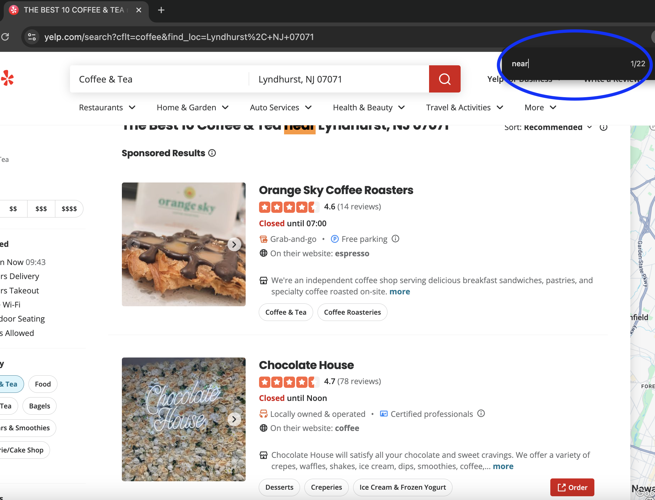 Screenshot of Yelp listings for 'Coffee Shops Near NJ'
